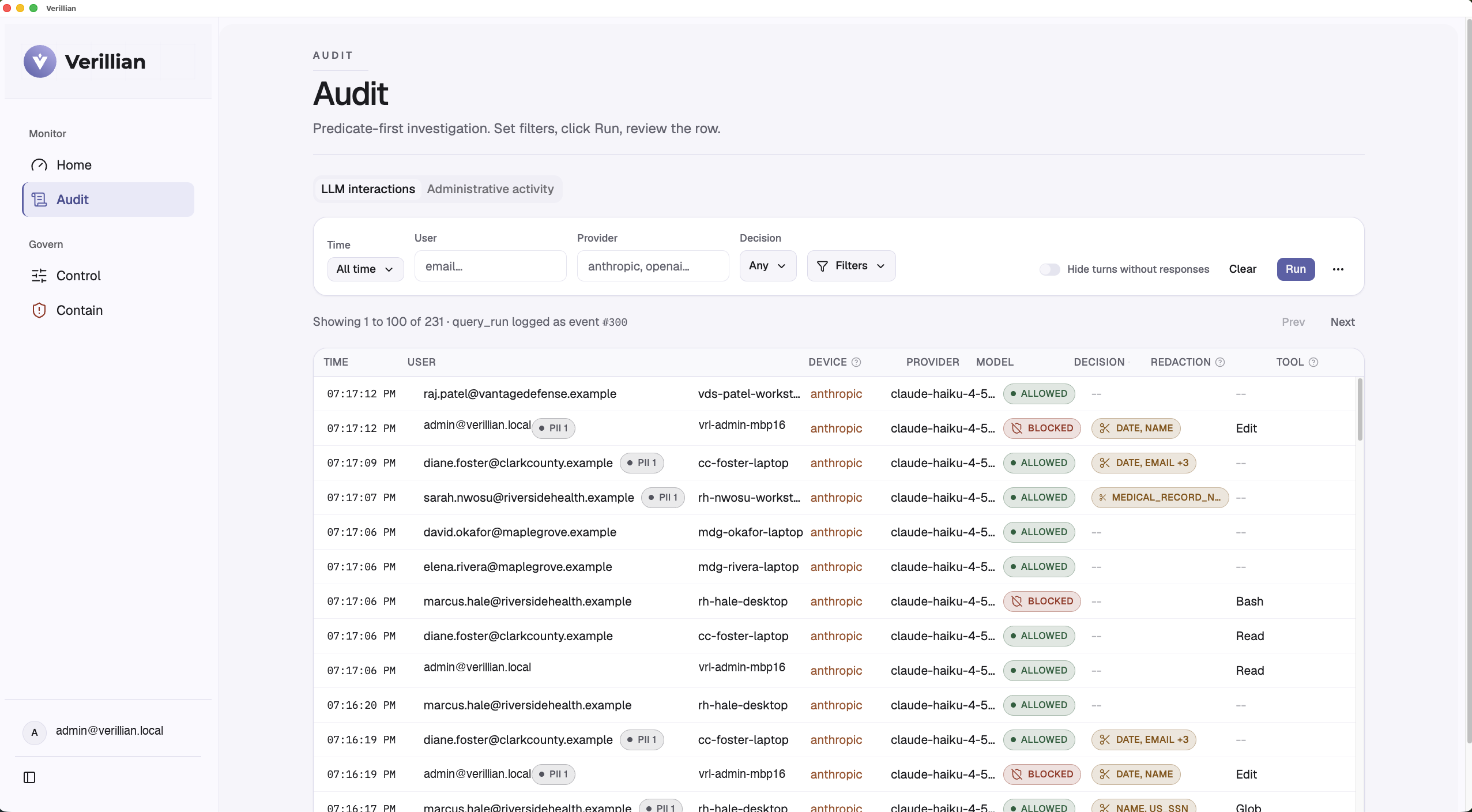 Verillian console, audit: captured interactions with the decision and redactions on every row