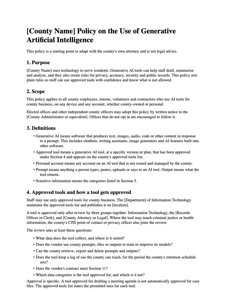 The first page of the county AI use policy template in Word: its title, the Purpose section and the Scope section, with the bracketed fields to fill in.