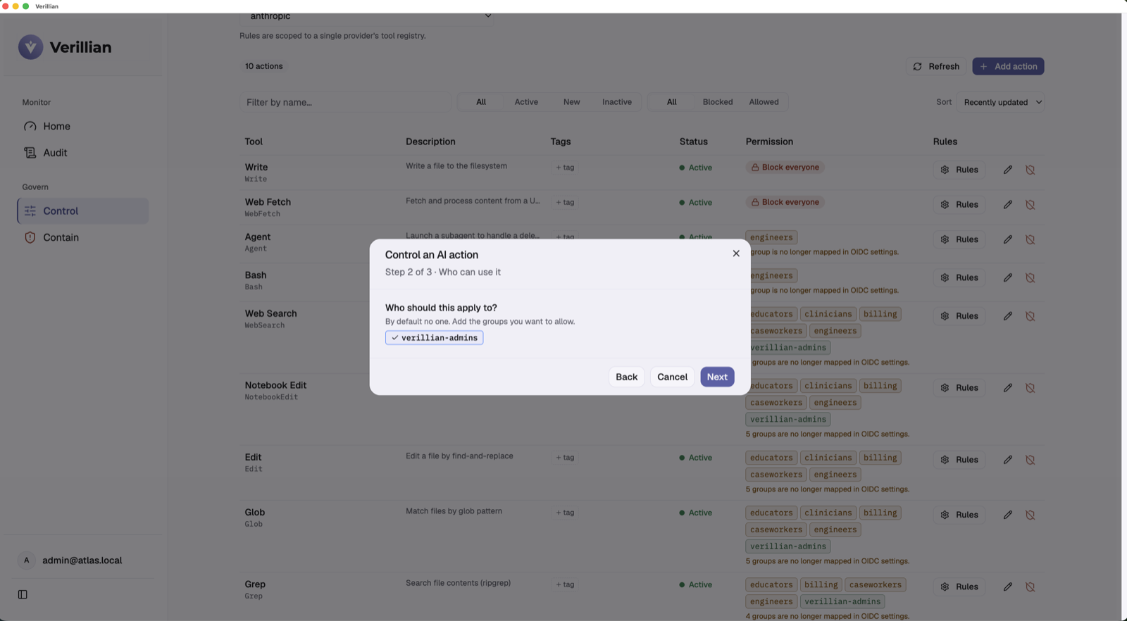 Verillian console showing which groups may use an AI action