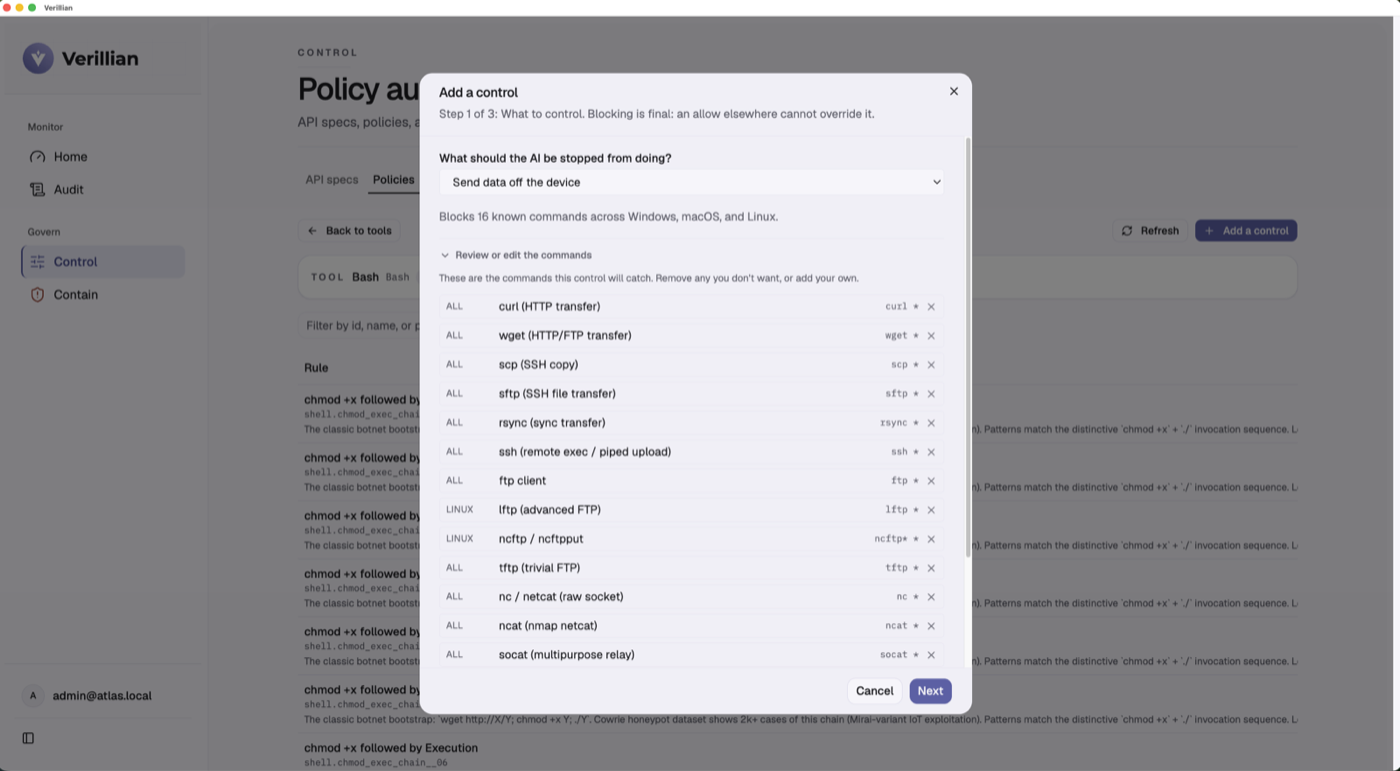 Verillian console, add a control: the exact transfer commands the rule refuses, reviewed line by line
