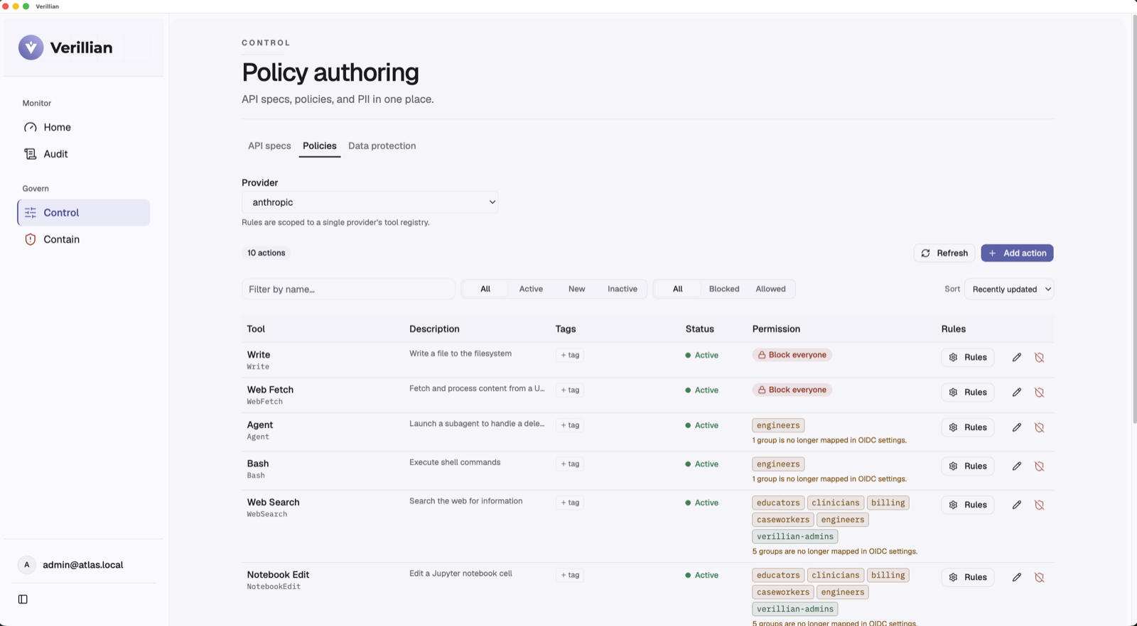 Verillian console, policy authoring: per-tool permissions across the fleet
