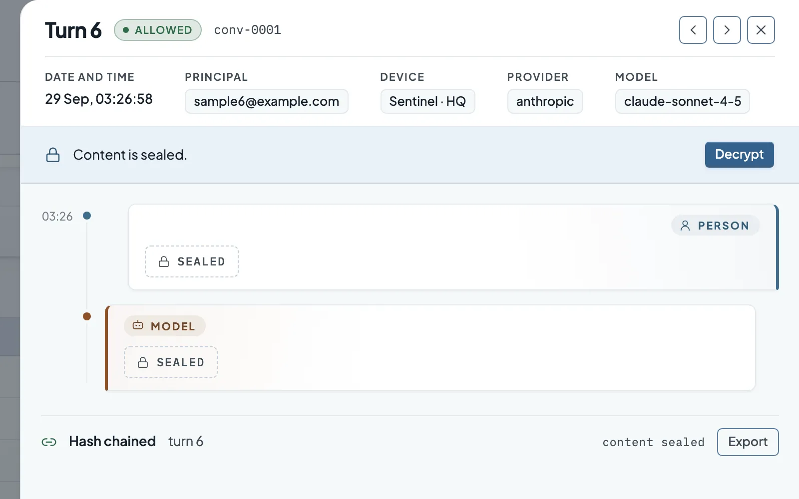 One allowed AI request in the record drawer: person, device, provider and model, with the content sealed. Demo data.