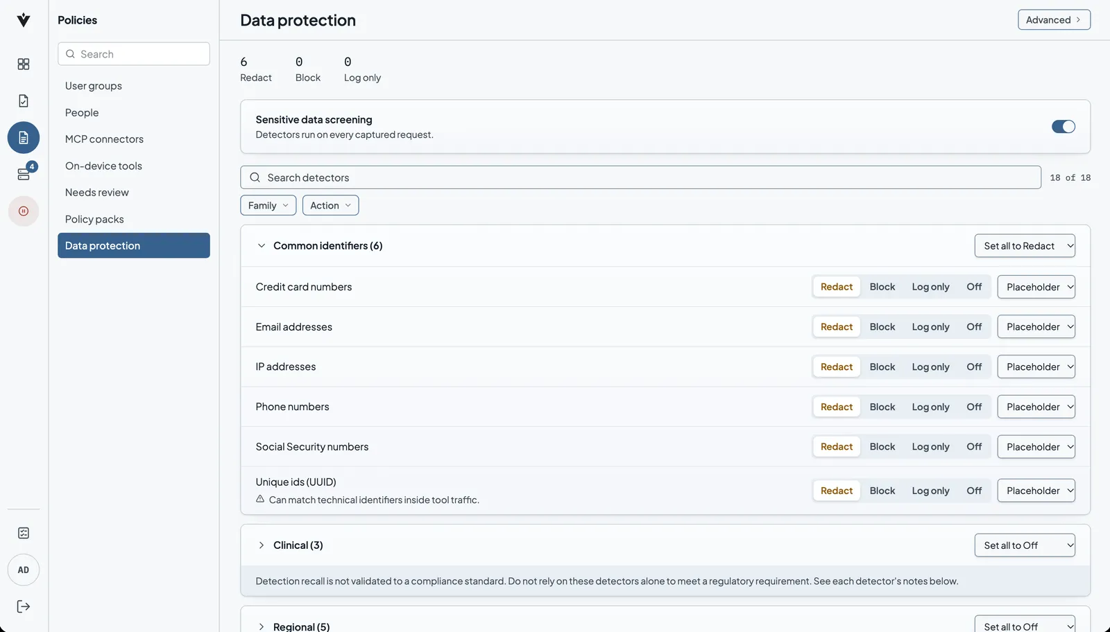 Data protection: Redact, Block, Log only or Off for each type of sensitive value. Demo data.