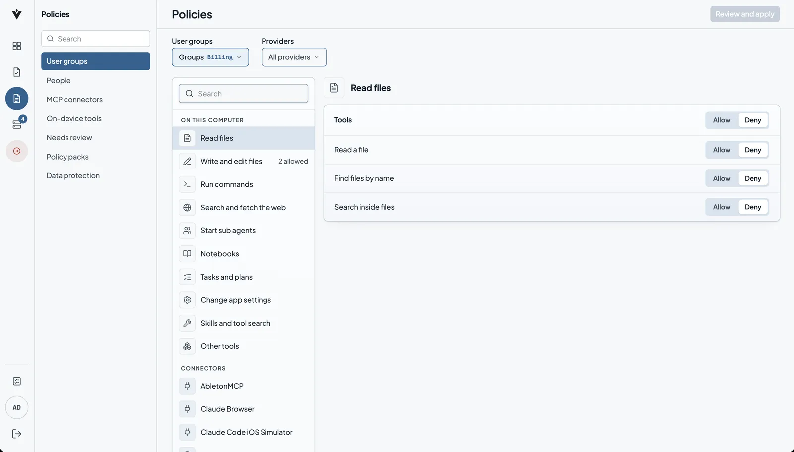 The policies screen where a team sets allow or deny for each tool a person's AI app can use. Demo data.