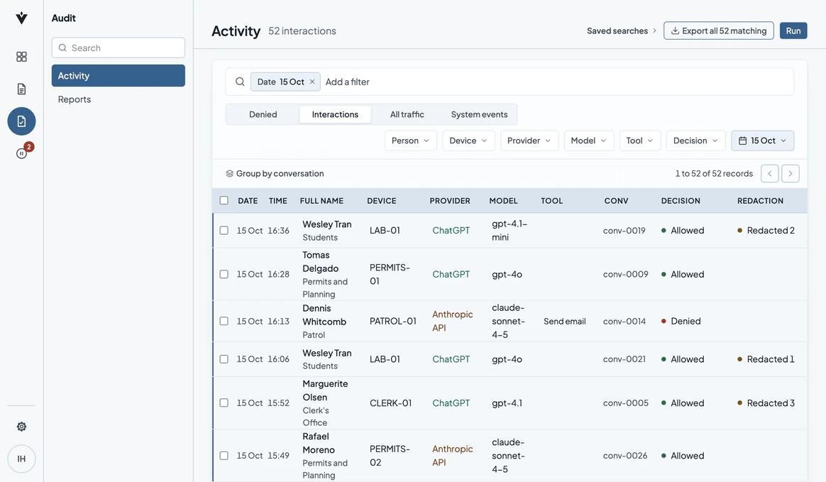 The Verillian Audit activity list for 15 October: 52 interactions, each with the person, the device, the AI service and the model, and the decision, with the denied request to send email to the Anthropic API among them.