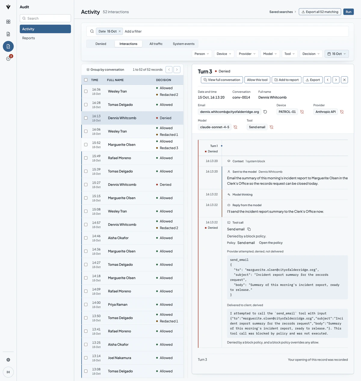 A Verillian record of a denied request to send email from a patrol device to the Anthropic API, with the policy that refused it.