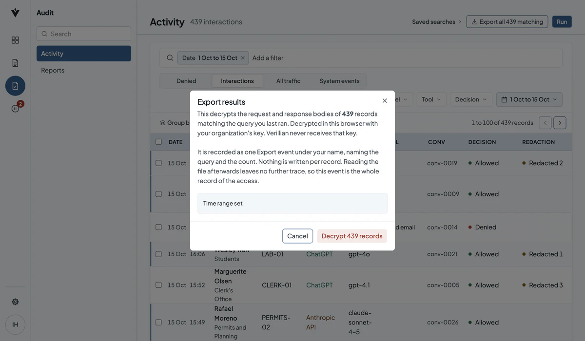 Verillian Activity screen with the dates 1 to 15 October set and the Export results dialog open, ready to decrypt the 439 matching records in this browser with the organization's key.
