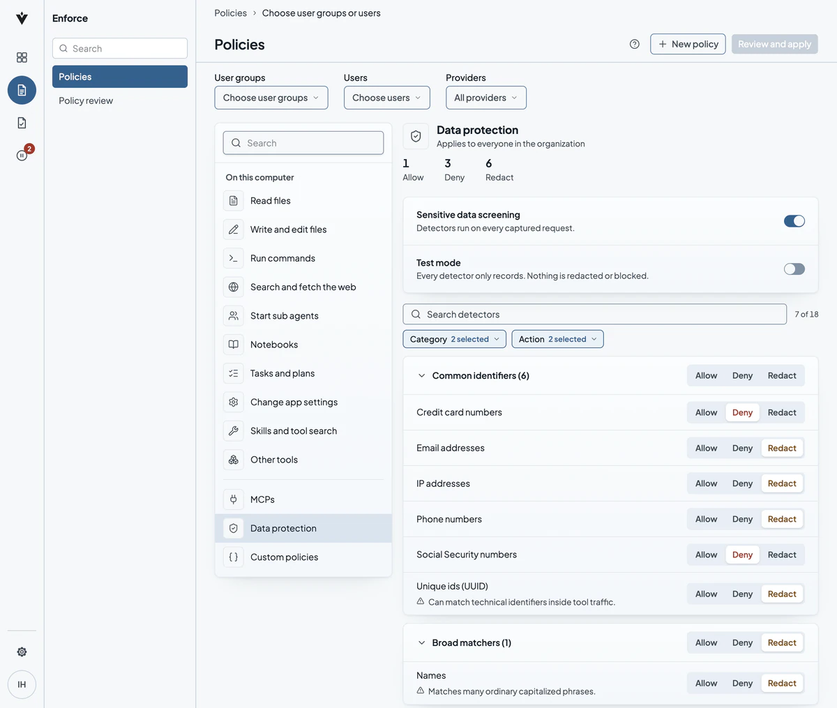 Verillian Data protection settings that apply to everyone in the organization, with sensitive data screening on, credit card and Social Security numbers set to Deny, and email addresses, IP addresses, phone numbers, unique ids and names set to Redact.