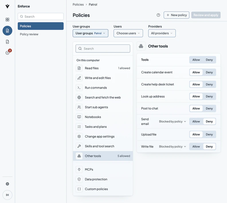 Verillian policies for the Patrol group, with Other tools open: Send email and Write file are blocked by policy and set to Deny.