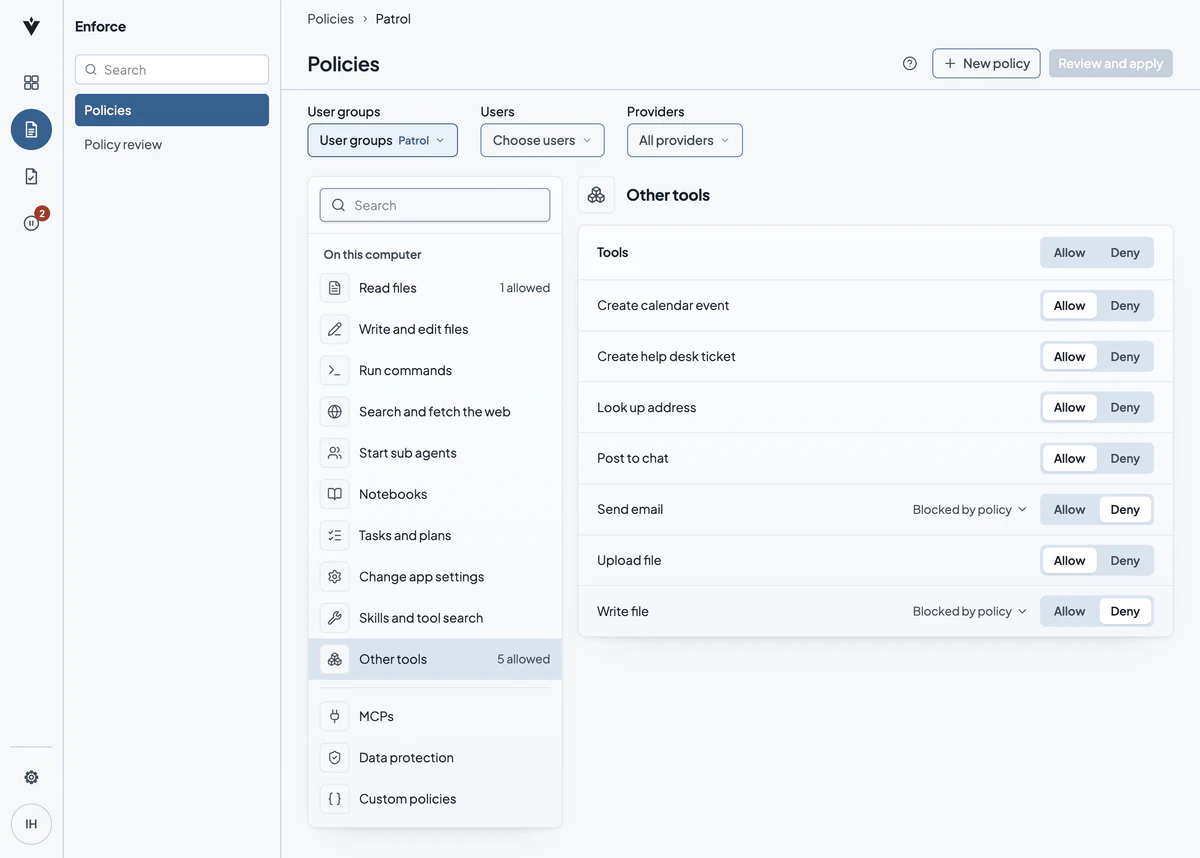 Verillian policies for the Patrol group, with Other tools open: Send email and Write file are blocked by policy and set to Deny.