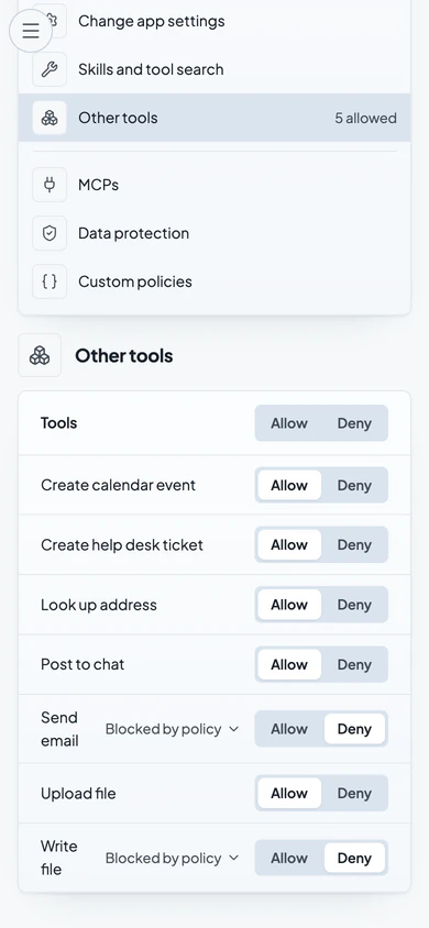 Verillian policies with Other tools open and 5 allowed: seven tools in a list, with Send email and Write file blocked by policy and set to Deny.