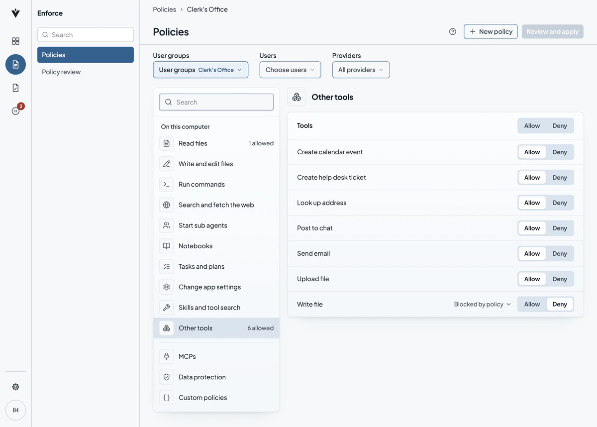 Verillian policy builder for the Clerk's Office user group, with Other tools open and 6 allowed: Send email set to Allow, and Write file set to Deny, marked Blocked by policy.