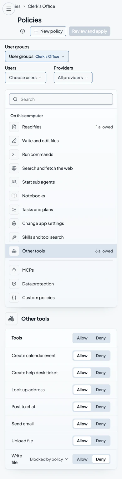 Verillian policy builder for the Clerk's Office user group, with Other tools open and 6 allowed: Create calendar event, Create help desk ticket, Look up address, Post to chat, Send email and Upload file set to Allow, and Write file set to Deny, marked Blocked by policy.