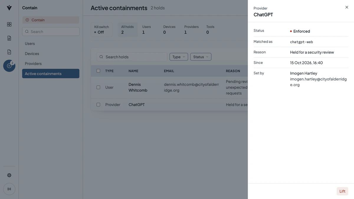 Verillian sheet for a hold on the ChatGPT provider: Enforced, matched as chatgpt-web, reason Held for a security review, since 15 Oct 2026, 16:40, set by Imogen Hartley.