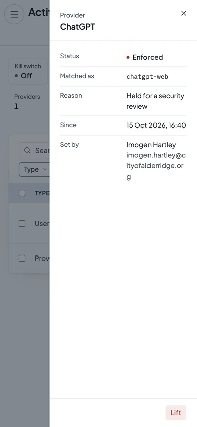 A Verillian hold on the ChatGPT provider: status Enforced, matched as chatgpt-web, held for a security review since 15 Oct 2026, 16:40, and who set it.